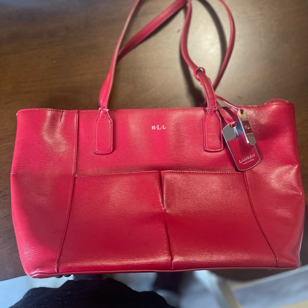 Lauren Ralph Lauren Newbury Tote Saffiano Leather Purse Red Pocketbook